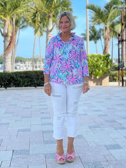 PINK PALM TREE 3/25 RUFFLE TOP