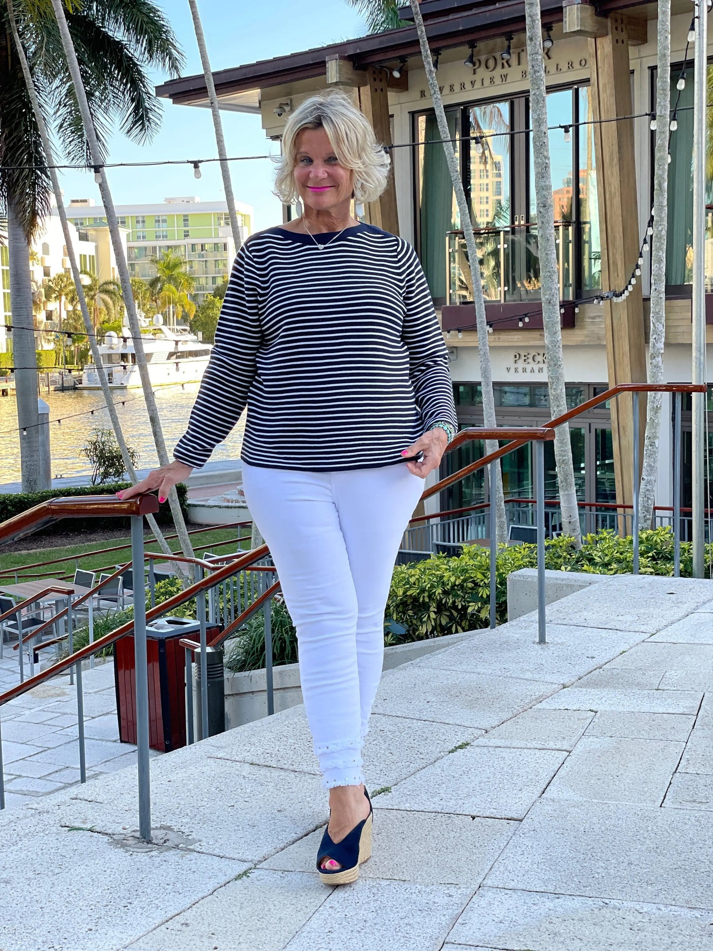 NAVY STRIPE BOATNECK SWEATER
