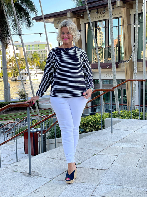NAVY STRIPE BOATNECK SWEATER