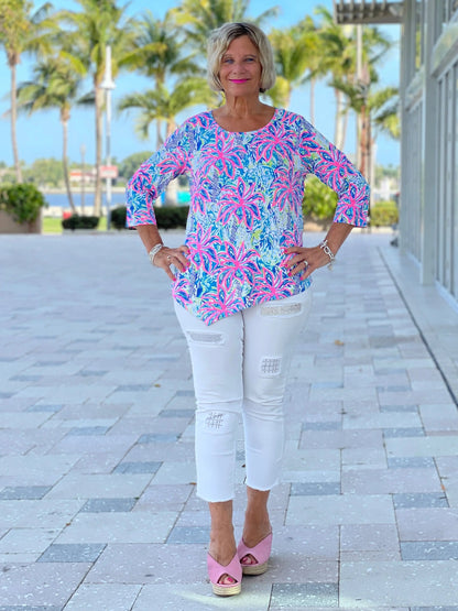 PINK PALM TREE ASYMMETRIC TOP