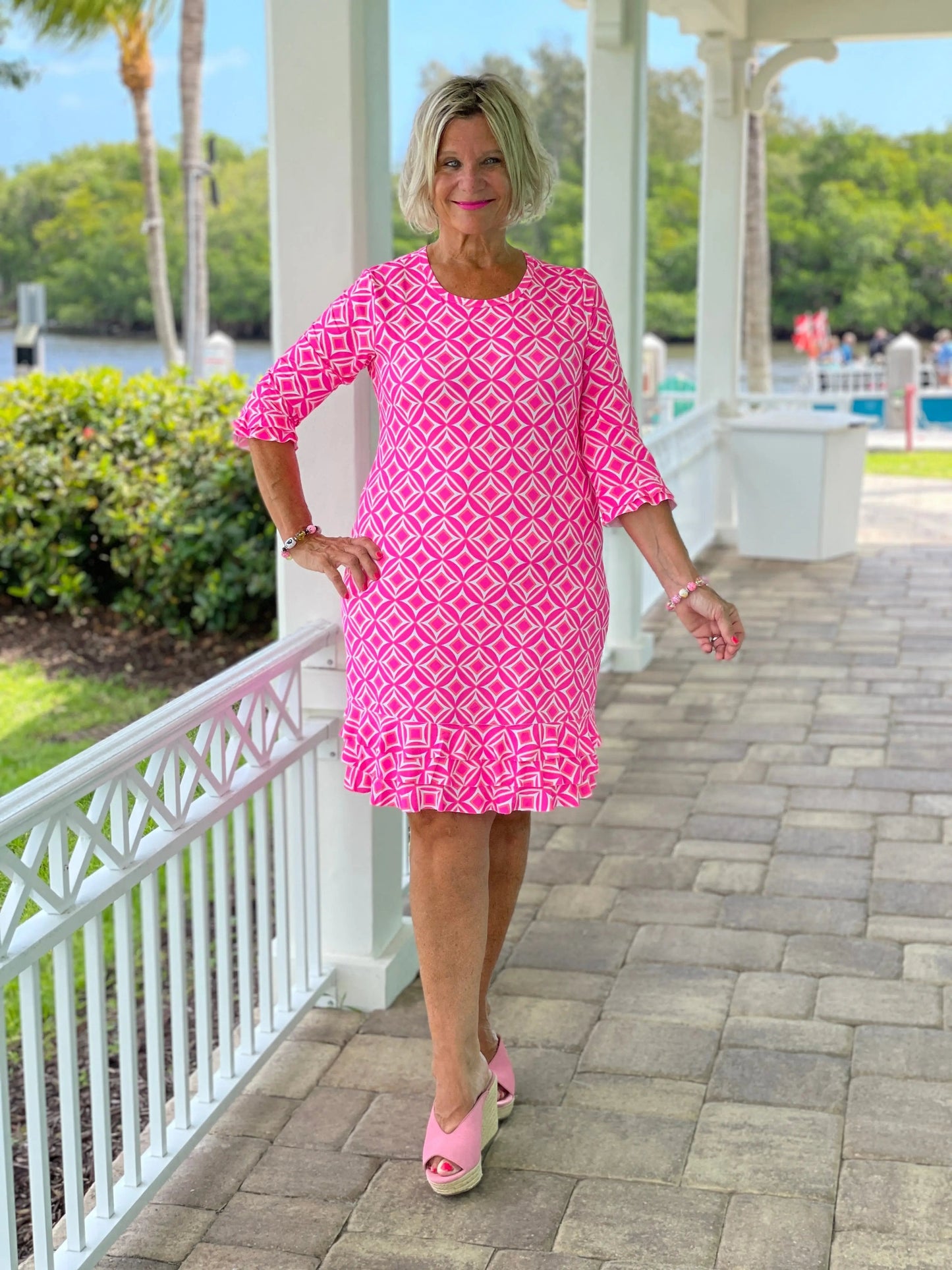 PINK DIAMOND SLEEVE RUFFLE DRESS