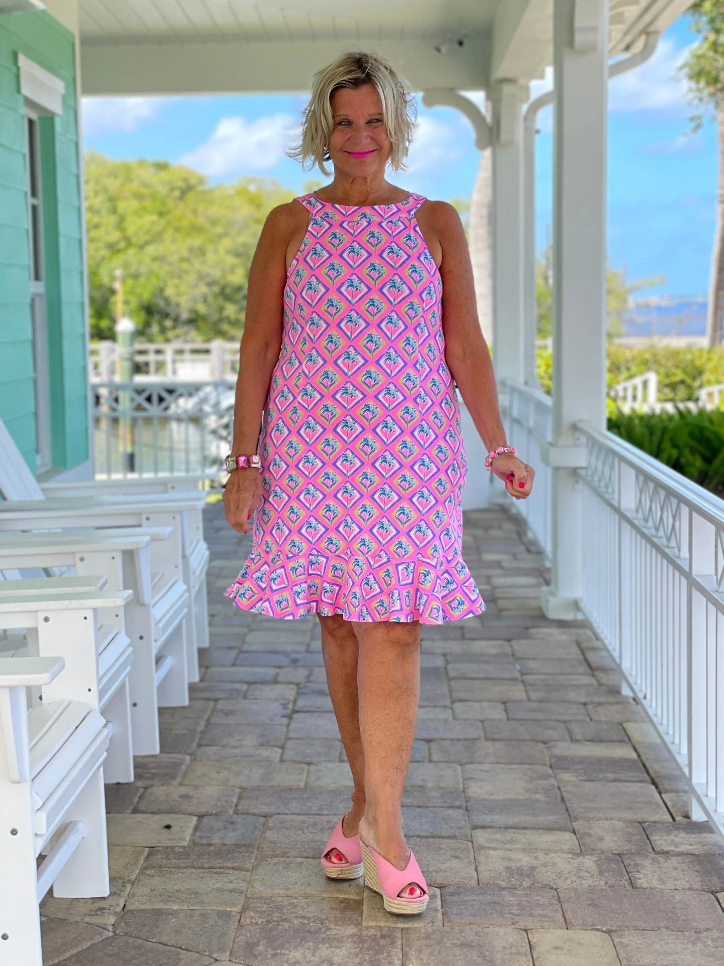 PALM TREE SIESTA HALTER RUFFLE DRESS