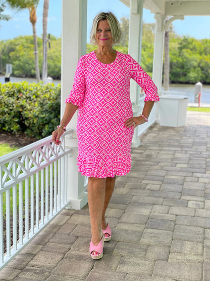 PINK DIAMOND SLEEVE RUFFLE DRESS