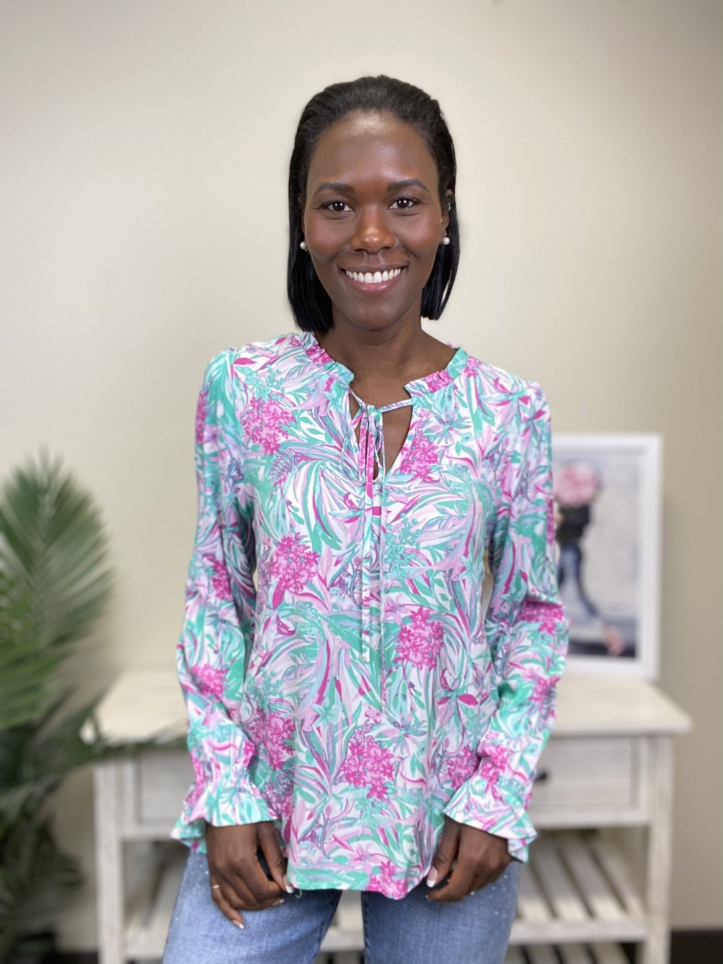 Tropical Paradise Women's Bright Ruffle Long Sleeve Top