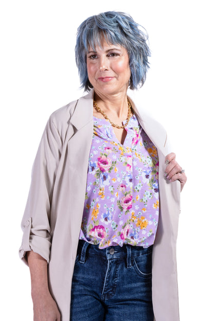 Women's Patterned Split Neckline Short Sleeve Top
