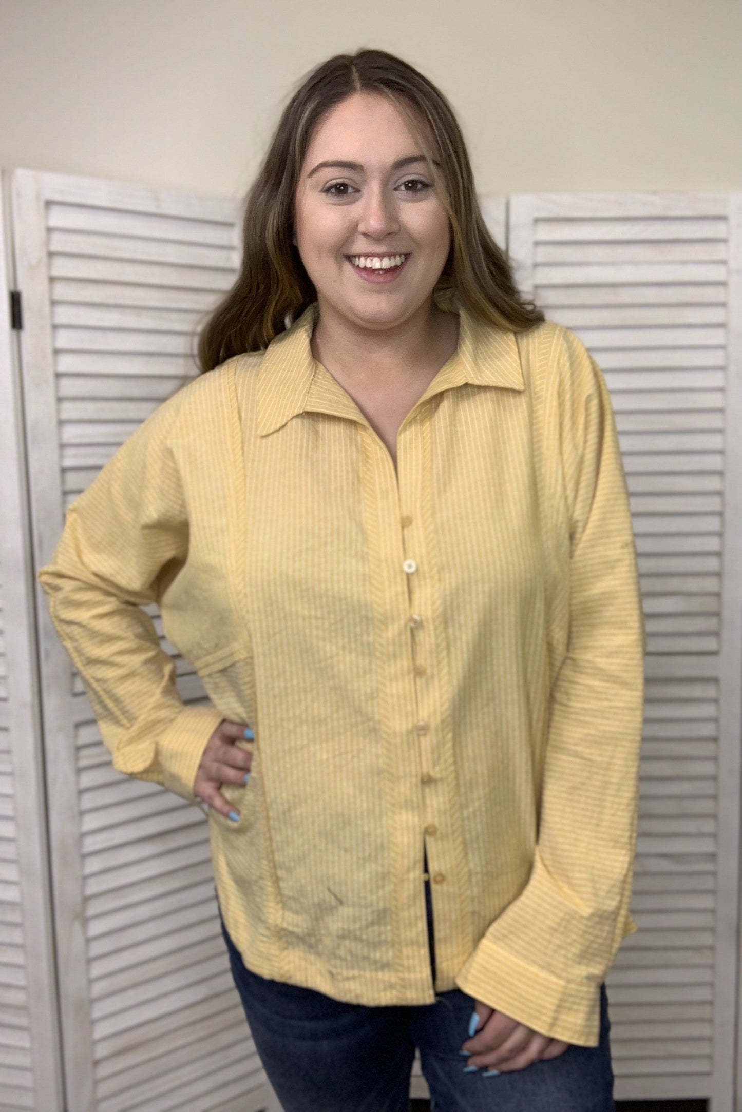 The Pinstripe Paradise Women's Hi-Lo Button Down Long Sleeve Top