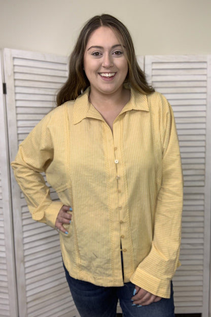 The Pinstripe Paradise Women's Hi-Lo Button Down Long Sleeve Top