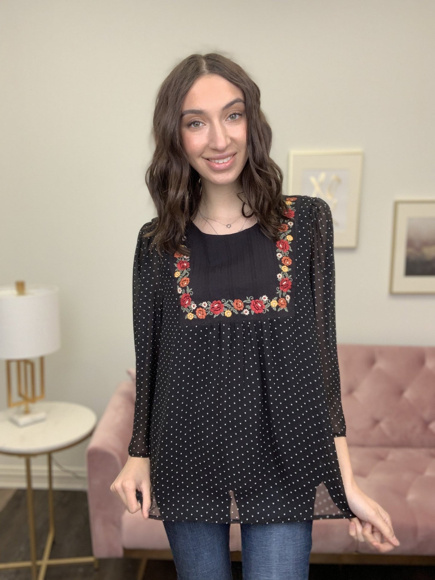 Still Remember Women's Embroidered Polka-Dot Long Sleeve Top