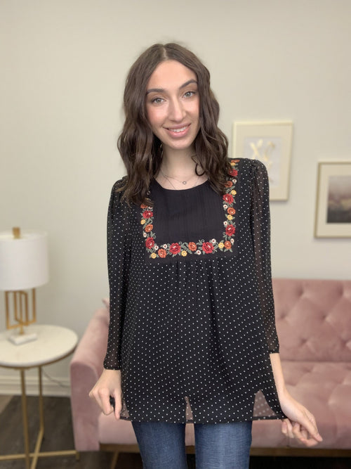 Still Remember Women's Embroidered Polka-Dot Long Sleeve Top