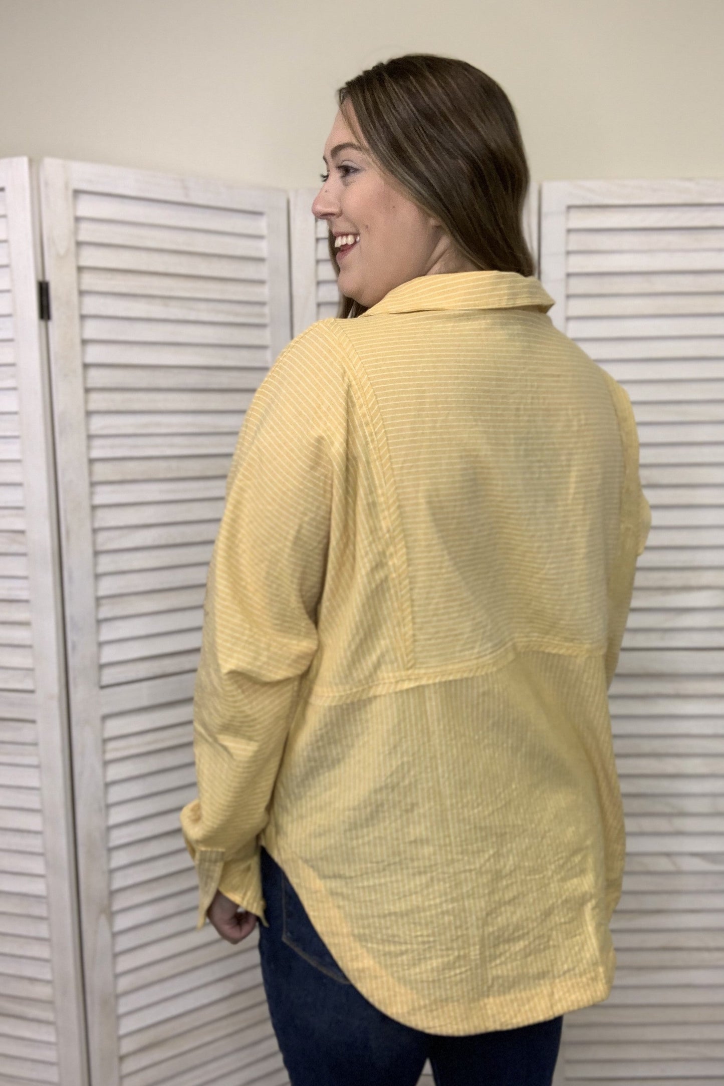 The Pinstripe Paradise Women's Hi-Lo Button Down Long Sleeve Top