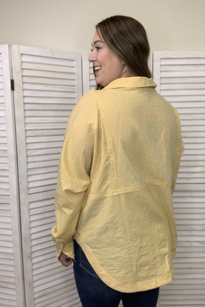 The Pinstripe Paradise Women's Hi-Lo Button Down Long Sleeve Top
