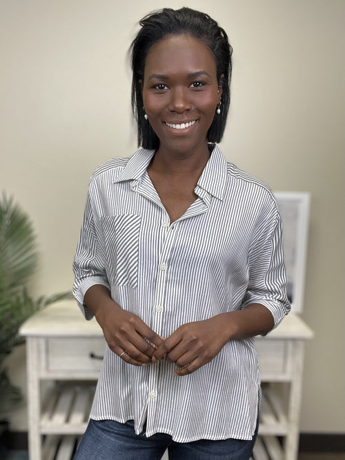Get Going Women's Striped Button Down Oversized 1/2 Sleeve Top