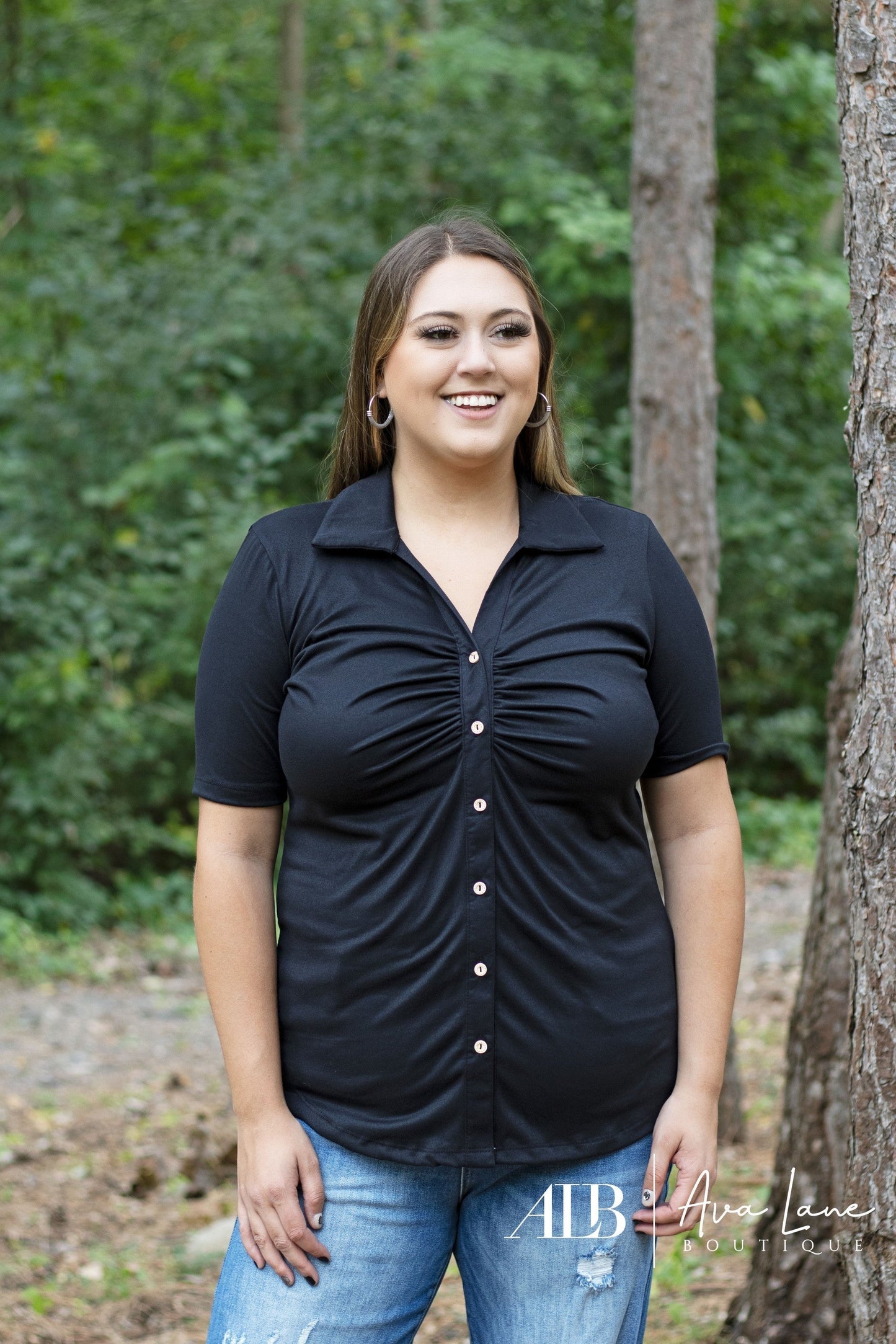 Really Love Someone Women's Ruched Button Down Short Sleeve Top