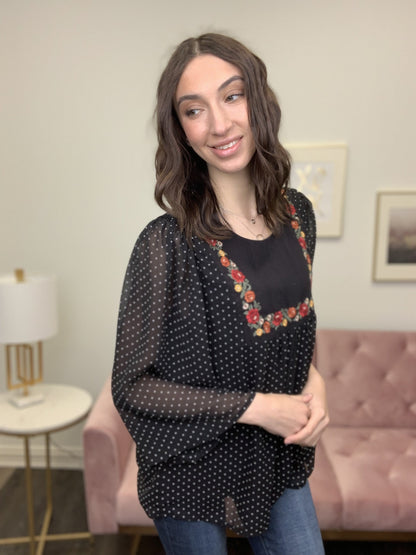 Still Remember Women's Embroidered Polka-Dot Long Sleeve Top