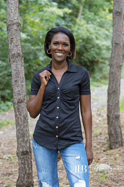 Really Love Someone Women's Ruched Button Down Short Sleeve Top